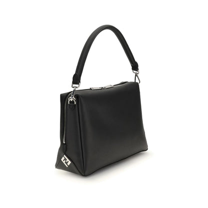 Fendi Black Calf Leather Bos Taurus Shoulder Bag with palladium-finish hardware and FF metal corner accents.
