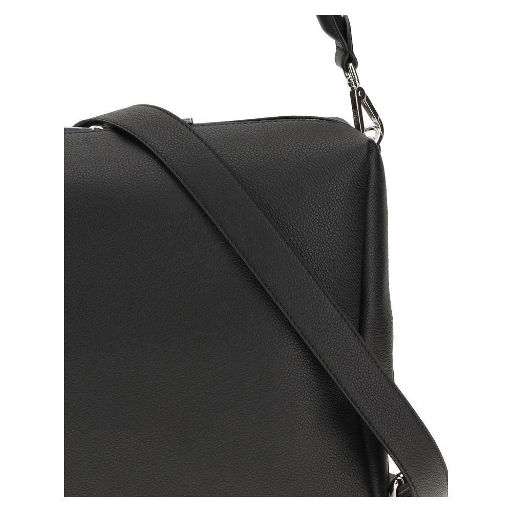 Fendi Black Calf Leather Bos Taurus Shoulder Bag corner detail with strap and palladium-finish hardware.