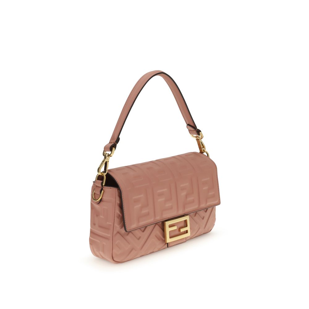 Fendi Multicolor Calf Leather Bos Taurus Shoulder Bag in pink with embossed FF motif and vintage gold-finish metal hardware.