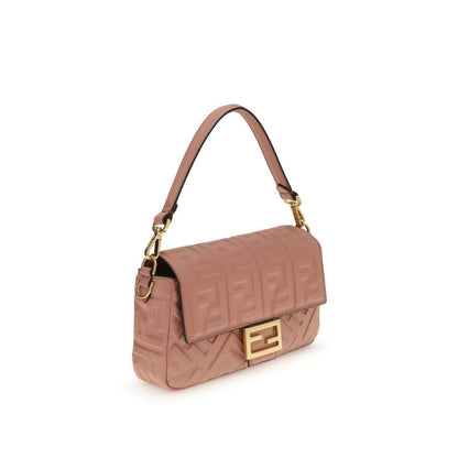 Fendi Multicolor Calf Leather Bos Taurus Shoulder Bag in pink with embossed FF motif and vintage gold-finish metal hardware.
