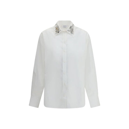 Alexander McQueen White Cotton Dress Shirt with embellished collar, regular fit, long sleeves, 100% cotton AW25.