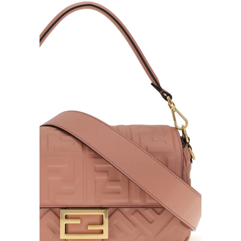 Fendi Multicolor Calf Leather Bos Taurus Shoulder Bag with FF motif and gold-finish hardware, featuring a pink tone and embossed design.