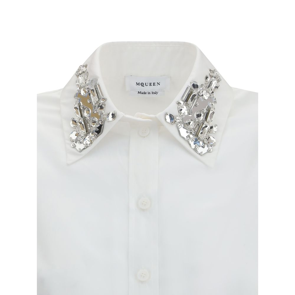 Alexander McQueen White Cotton Dress Shirt with embellished collar, long sleeves, ideal for formal and contemporary looks.
