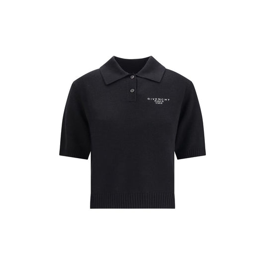 Givenchy Black Wool Polo Shirt with embroidered logo and button-down collar, crafted from wool and cashmere for elegance and comfort.