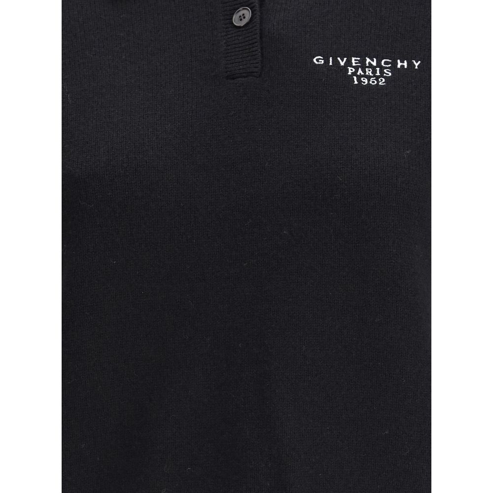 Givenchy Black Wool Polo Shirt with embroidered logo on front, crafted from wool and cashmere, featuring button-down collar and ribbed cuffs.