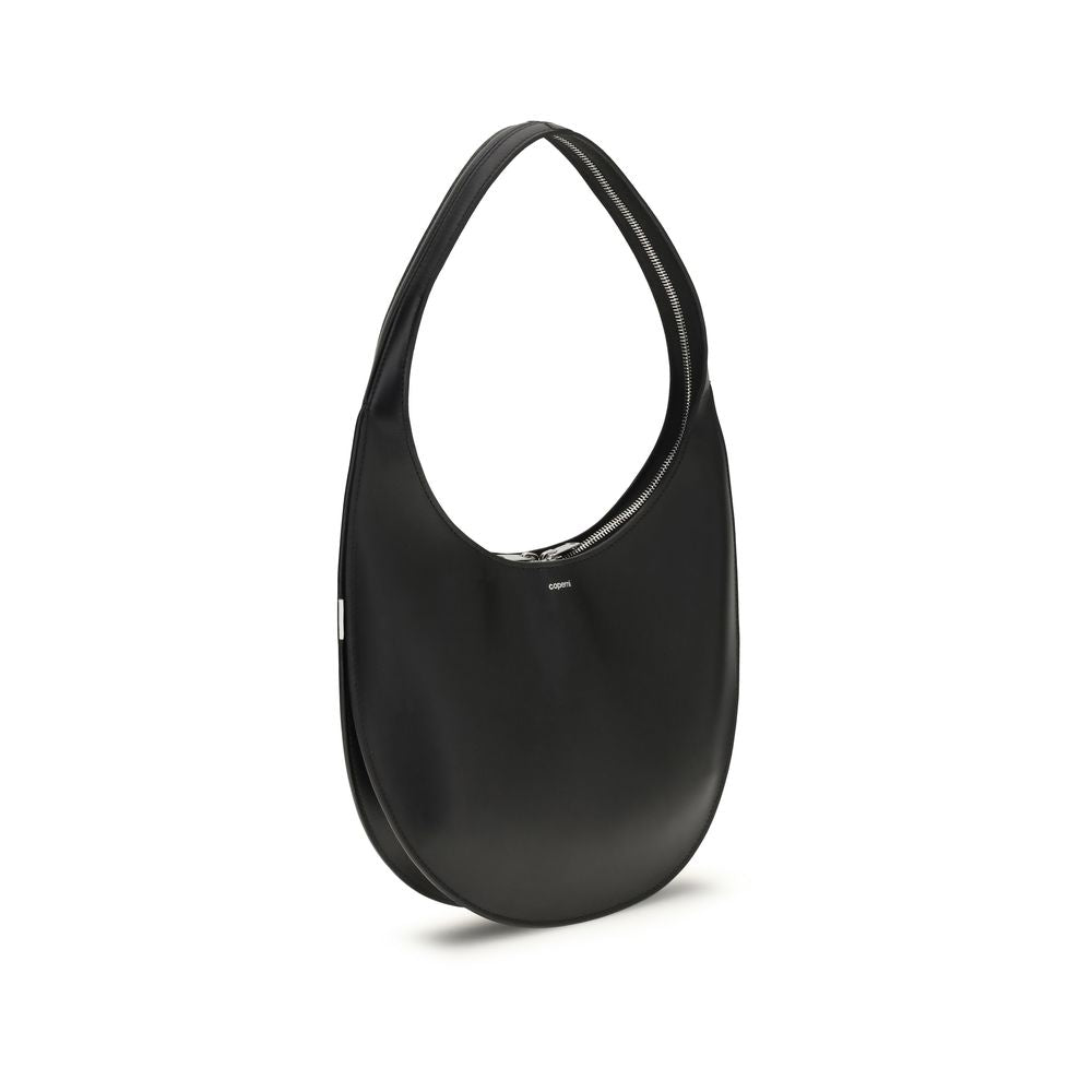 Coperni Black Calf Leather Bos Taurus Shoulder Bag with soft leather and zipper closure, showcasing sleek and compact design.