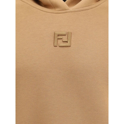 Fendi Beige Cotton Sweatshirt featuring FF logo embroidery on the front, showcasing elegant and refined style with a ribbed crew neck.