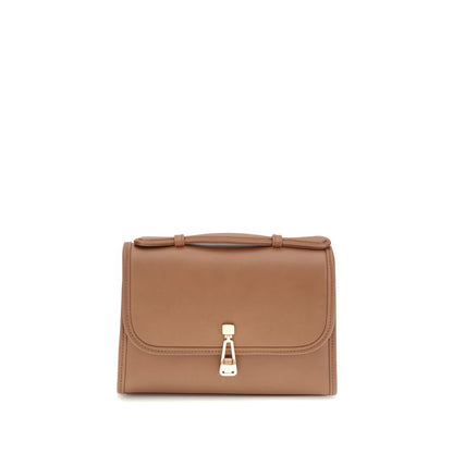 Alt Tag: Gabriela Hearst Brown Leather Shoulder Bag with top handle, satchel-style flap, and removable strap, perfect for versatile wear.