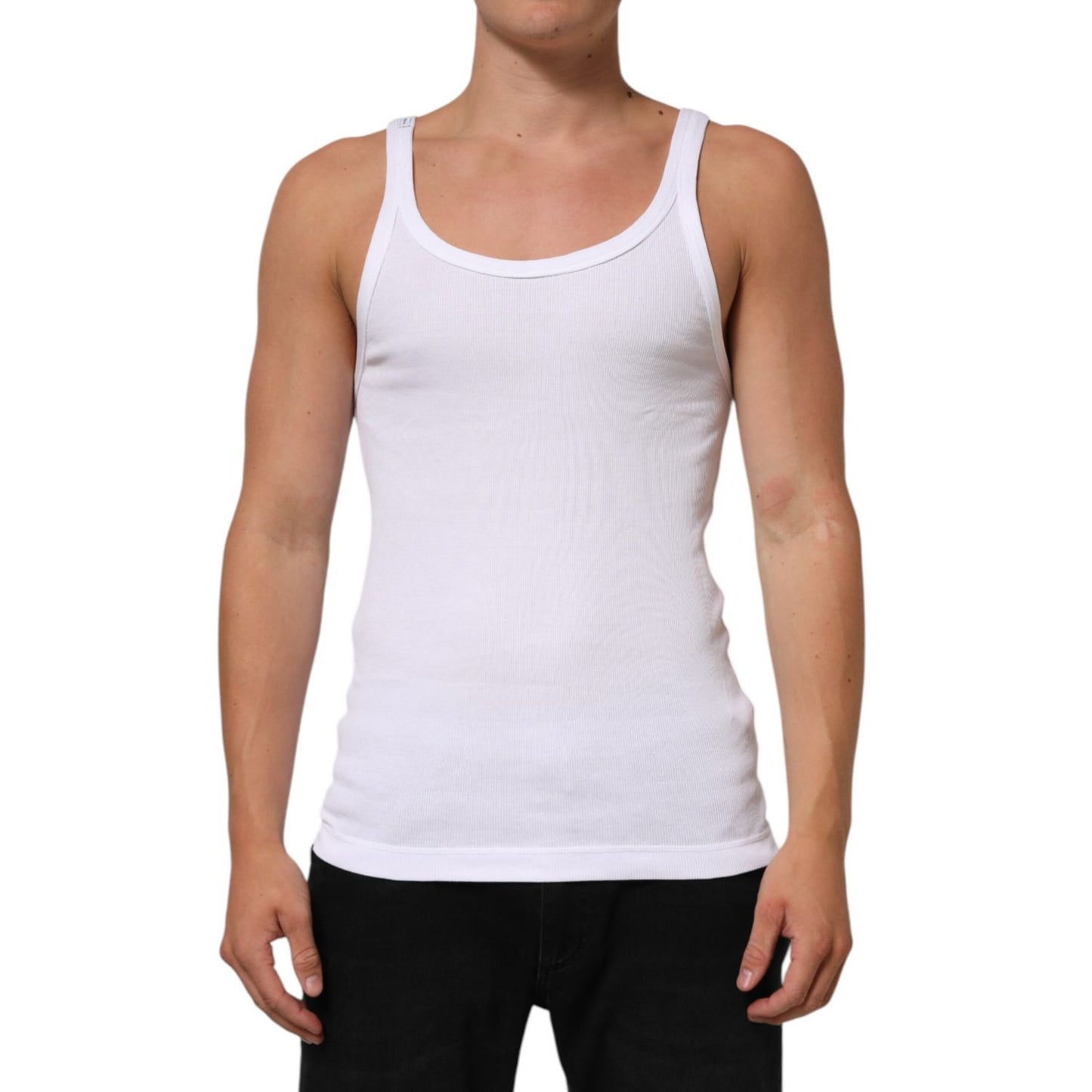 Dolce & Gabbana White Sleeveless Round Neck Tank Top T-shirt modeled on a person, showcasing the classic fit and soft cotton texture.