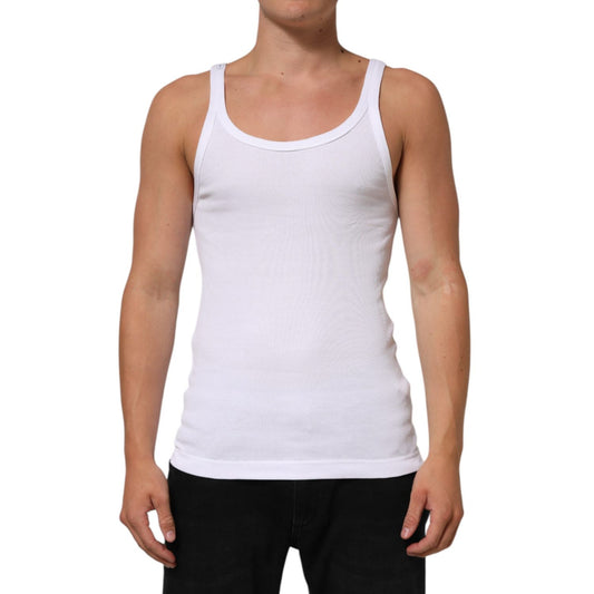 Dolce & Gabbana White Sleeveless Round Neck Tank Top T-shirt, featuring soft cotton and regular fit, worn by a model, front view.