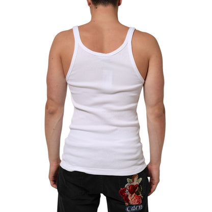 Back view of a man wearing Dolce & Gabbana White Sleeveless Round Neck Tank Top T-shirt, showcasing embroidered jeans.
