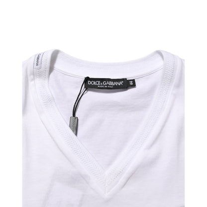 Dolce & Gabbana White Cotton Logo Patch V-neck Tee T-shirt