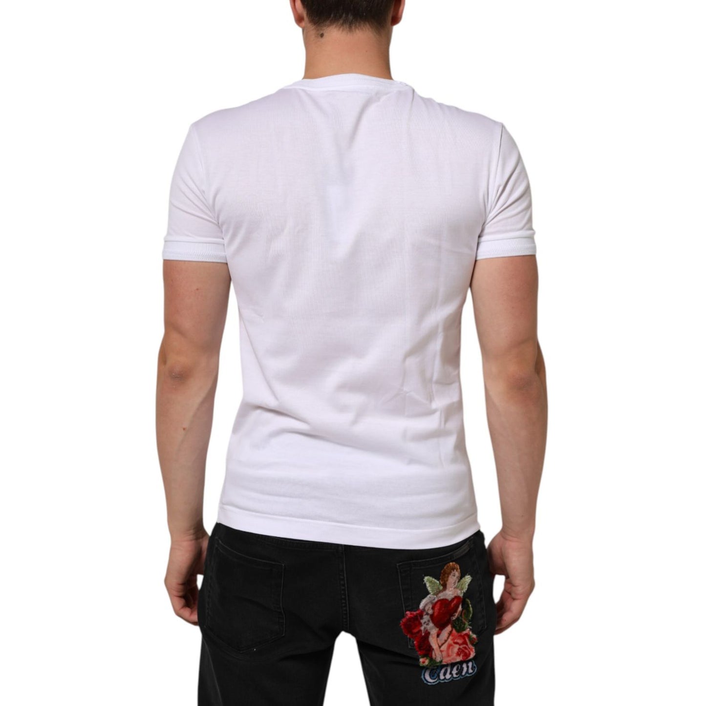 Dolce & Gabbana White Cotton Logo Patch Crew Neck  T-shirt
