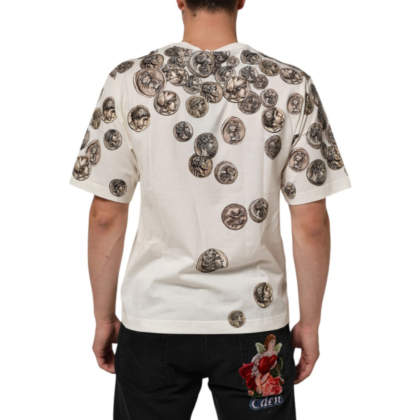 Dolce & Gabbana White Coin Print Cotton Crew Neck Men T-shirt