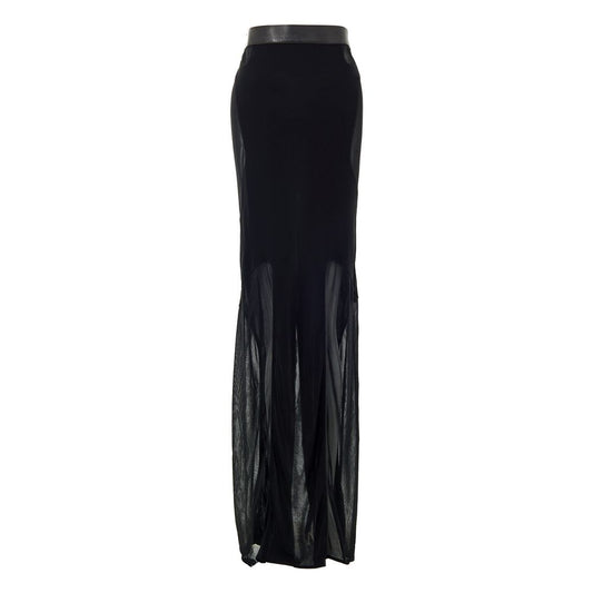 Tom Ford Black Viscose Long Skirt with sheer organza-effect, black leather waistband, and maxi back slit.