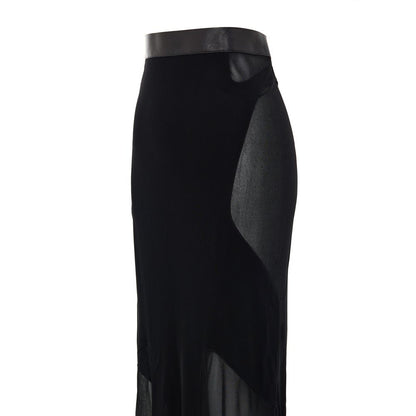 Tom Ford Black Viscose Long Skirt with sheer details and black leather waistband