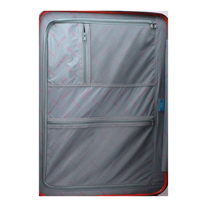 Interior view of Piquadro Red Polycarbonate Luggage And Travel showcasing zippered compartments and sleek design.