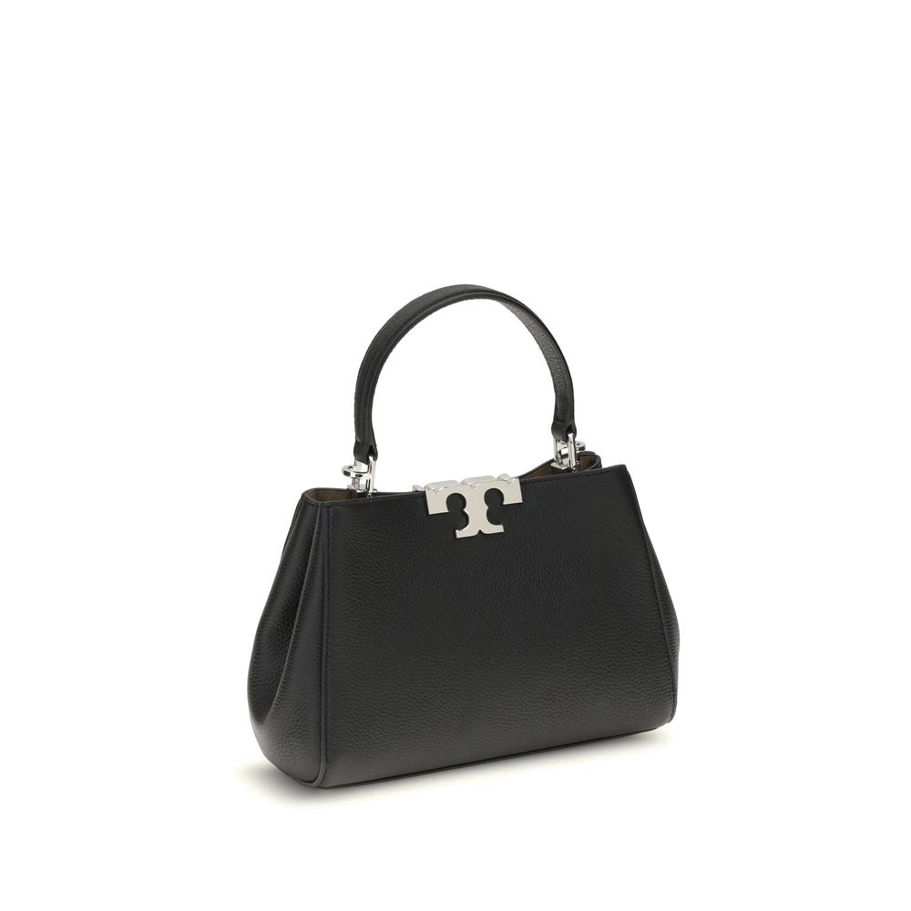 Tory Burch Black Calf Leather Bos Taurus Handbag with top handle and magnetic closure, featuring pebbled leather and adjustable shoulder strap.