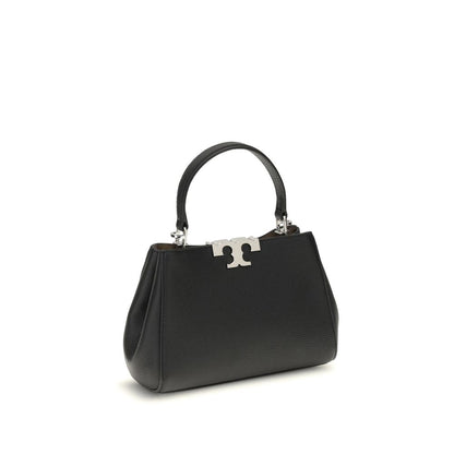 Tory Burch Black Calf Leather Bos Taurus Handbag with top handle and magnetic closure, featuring pebbled leather and adjustable shoulder strap.