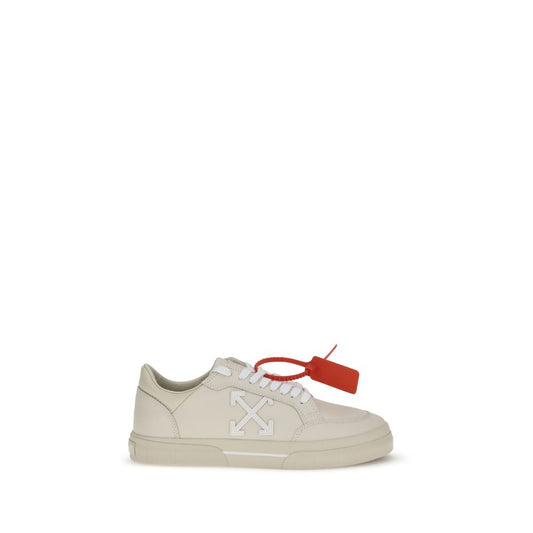 Off-White Beige Leather Low Top Sneakers with Arrow motif and red Zip Tie on vulcanized rubber sole, inspired by skate culture.