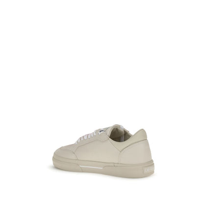 Off-White Beige Leather Low Top Sneakers with vulcanized rubber sole and signature Arrow motif, side back view.