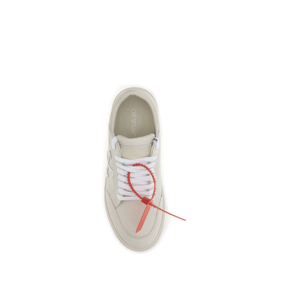 Top view of Off-White Beige Leather Low Top Sneakers with a vulcanized sole and signature red Zip Tie, featuring iconic Arrow motif.