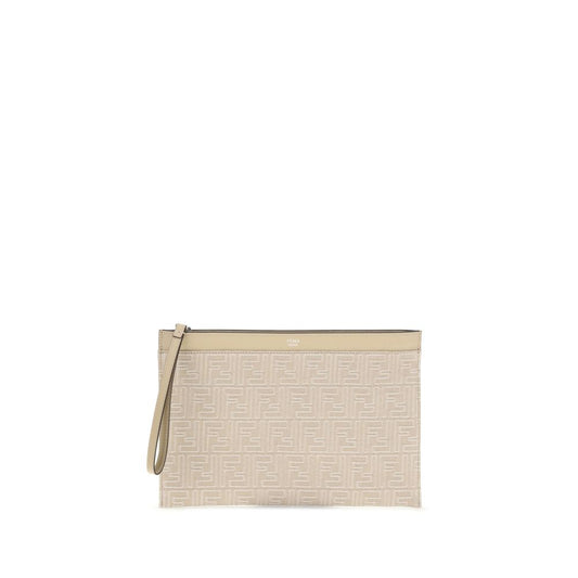 Fendi Cream Cotton Clutch Bag with FF motif, leather wrist strap, and zip closure, 30x30x1 dimension, AW25 collection.