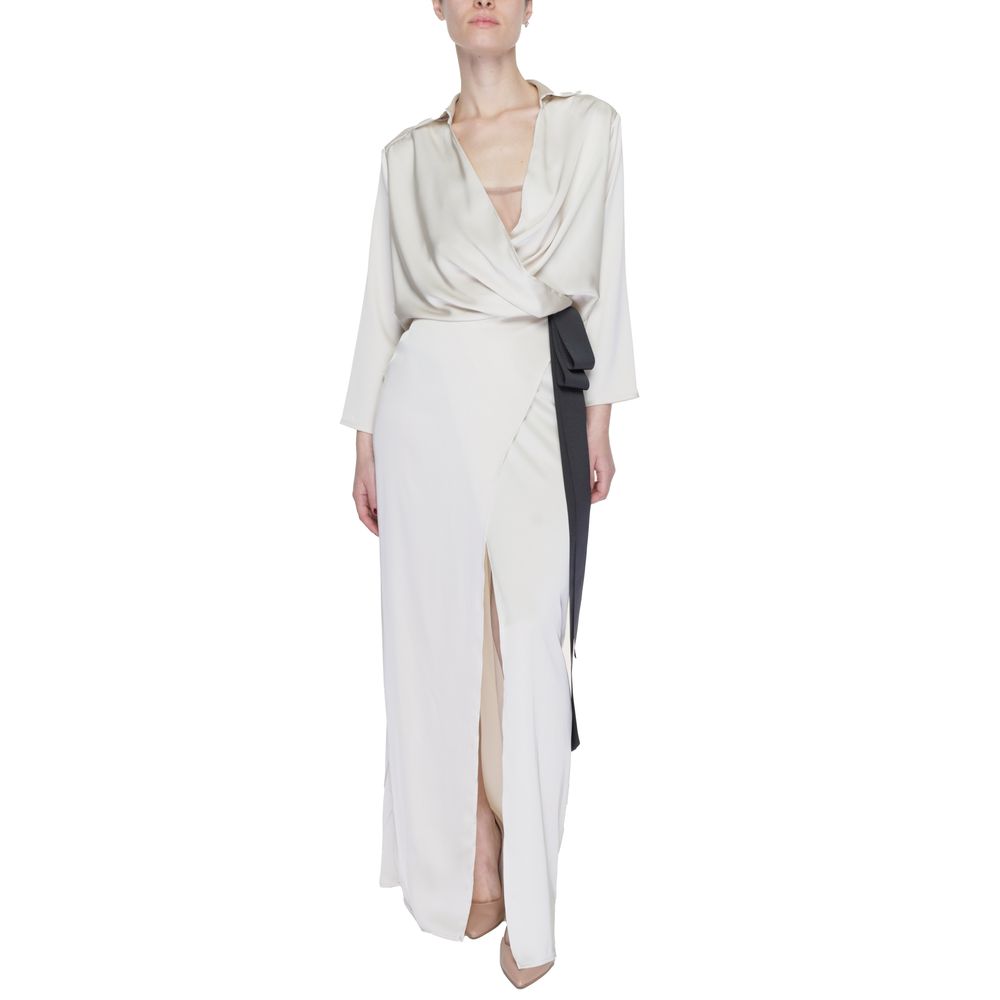 Sandro Ferrone Beige Polyester Long Dress with wrap neckline and contrasting belt, front slit for elegance and movement.