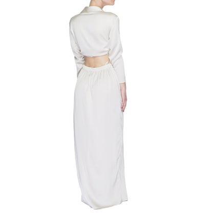 Back view of Sandro Ferrone Beige Polyester Long Dress with wrap neckline and belt accent.