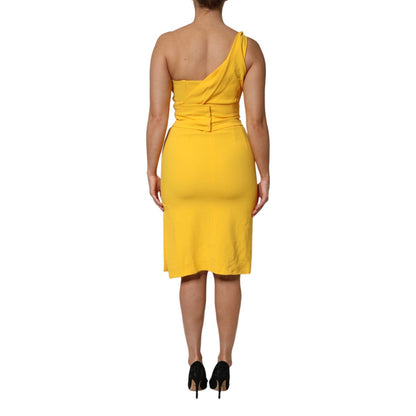 Dolce & Gabbana Yellow One Shoulder Side Slit Sheath Dress back view on model, elegant evening wear showcasing sleek figure-flattering design.