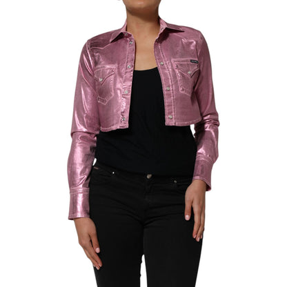 Dolce & Gabbana Pink Cotton Stretch Collared Cropped Jacket on model, showcasing elegant design and chic style for modern fashion.