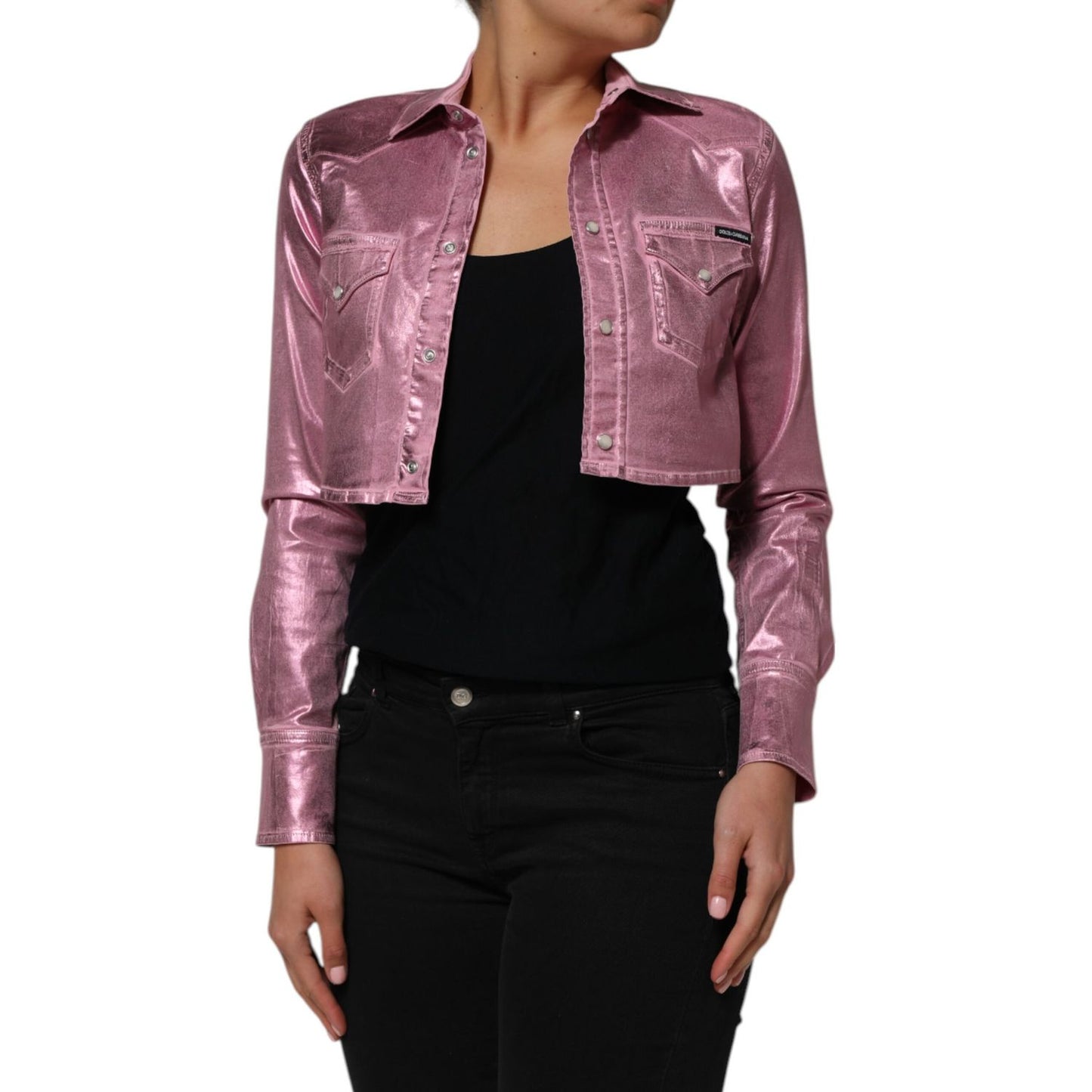 Dolce & Gabbana Pink Cotton Stretch Collared Cropped Jacket on model, highlighting stylish design and flattering fit.