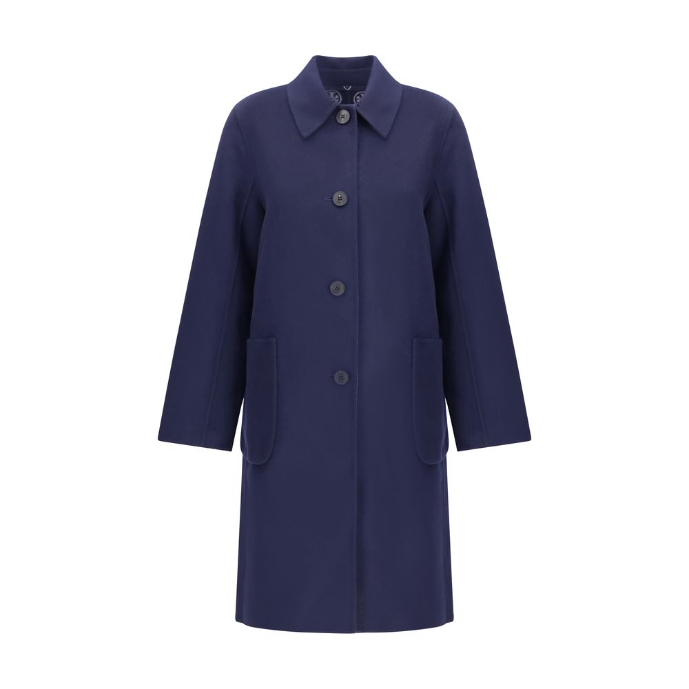 Tory Burch Blue Wool Coat with reversible design, button closure, patch pockets, and oversized fit for layering.