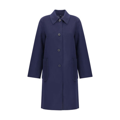 Tory Burch Blue Wool Coat with reversible design, button closure, patch pockets, and oversized fit for layering.