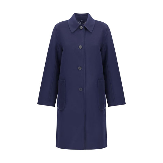Tory Burch Blue Wool Coat with reversible design, button closure, patch pockets, and oversized fit for layering.