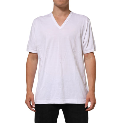 Dolce & Gabbana White Cotton V-Neck Short Sleeves T-shirt on model, showcasing regular fit and breathable fabric for casual and smart-casual wear.