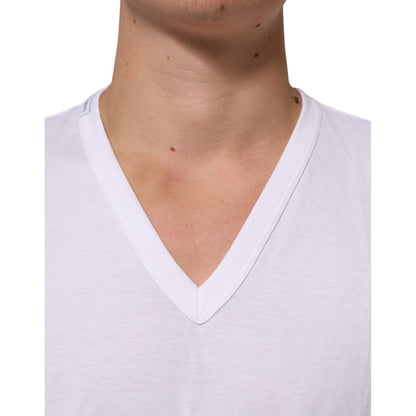 Close-up of Dolce & Gabbana White Cotton V-Neck Short Sleeves T-shirt showcasing its design and material.