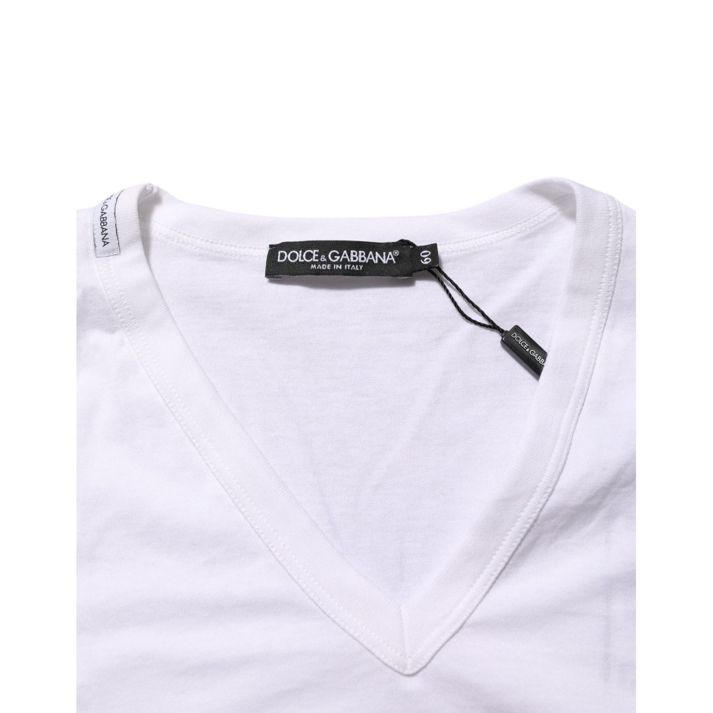 Dolce & Gabbana White Cotton V-Neck Short Sleeves T-shirt made from soft breathable cotton, featuring classic V-neck and short sleeves design.