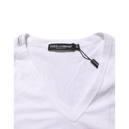 Dolce & Gabbana White Cotton V-Neck Short Sleeves T-shirt made from soft breathable cotton, featuring classic V-neck and short sleeves design.