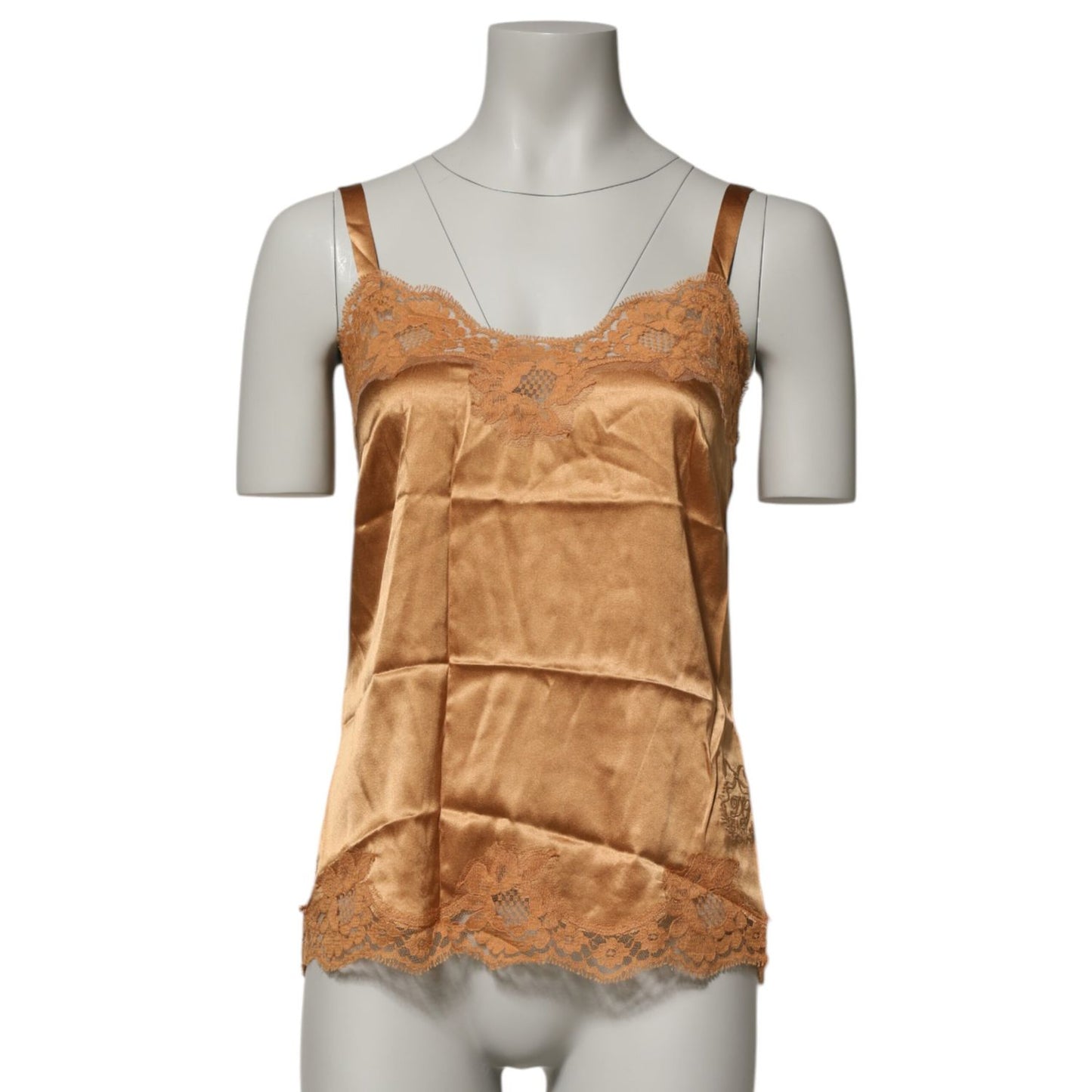 Dolce & Gabbana Brown Floral Lace Silk Satin Tank Lingerie Underwear displayed on mannequin front view