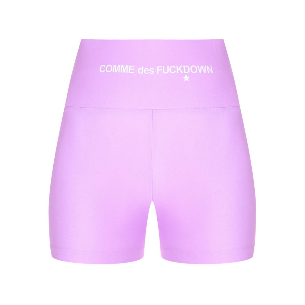 Comme Des Fuckdown Purple Polyester Short with logo print, stretch lycra biker shorts for stylish comfort and performance.