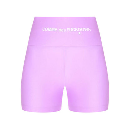 Comme Des Fuckdown Purple Polyester Short with logo print, stretch lycra biker shorts for stylish comfort and performance.