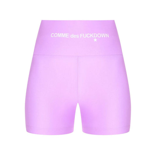 Comme Des Fuckdown Purple Polyester Short with logo print, stretch lycra biker shorts for stylish comfort and performance.