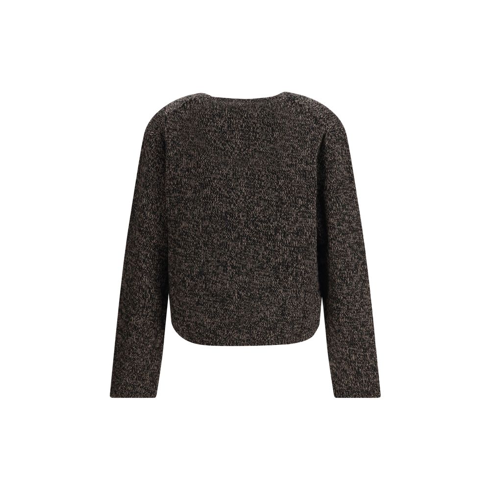 Back view of Our Legacy Brown Wool Cardigan made from Italian superfine yarn, showcasing its relaxed fit and natural shaping properties.