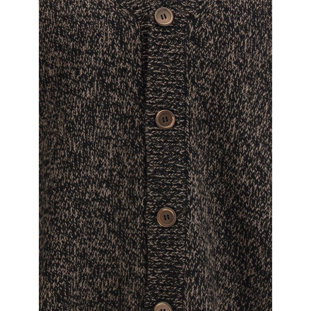 Our Legacy Brown Wool Cardigan with mother-of-pearl buttons, in Bear Twist Mouline Wool featuring ribbed texture for premium look.