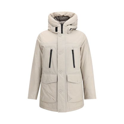 Woolrich Beige Cotton Parka with high neck, hood, front zipper, button closure, and large pockets for AW25 season.