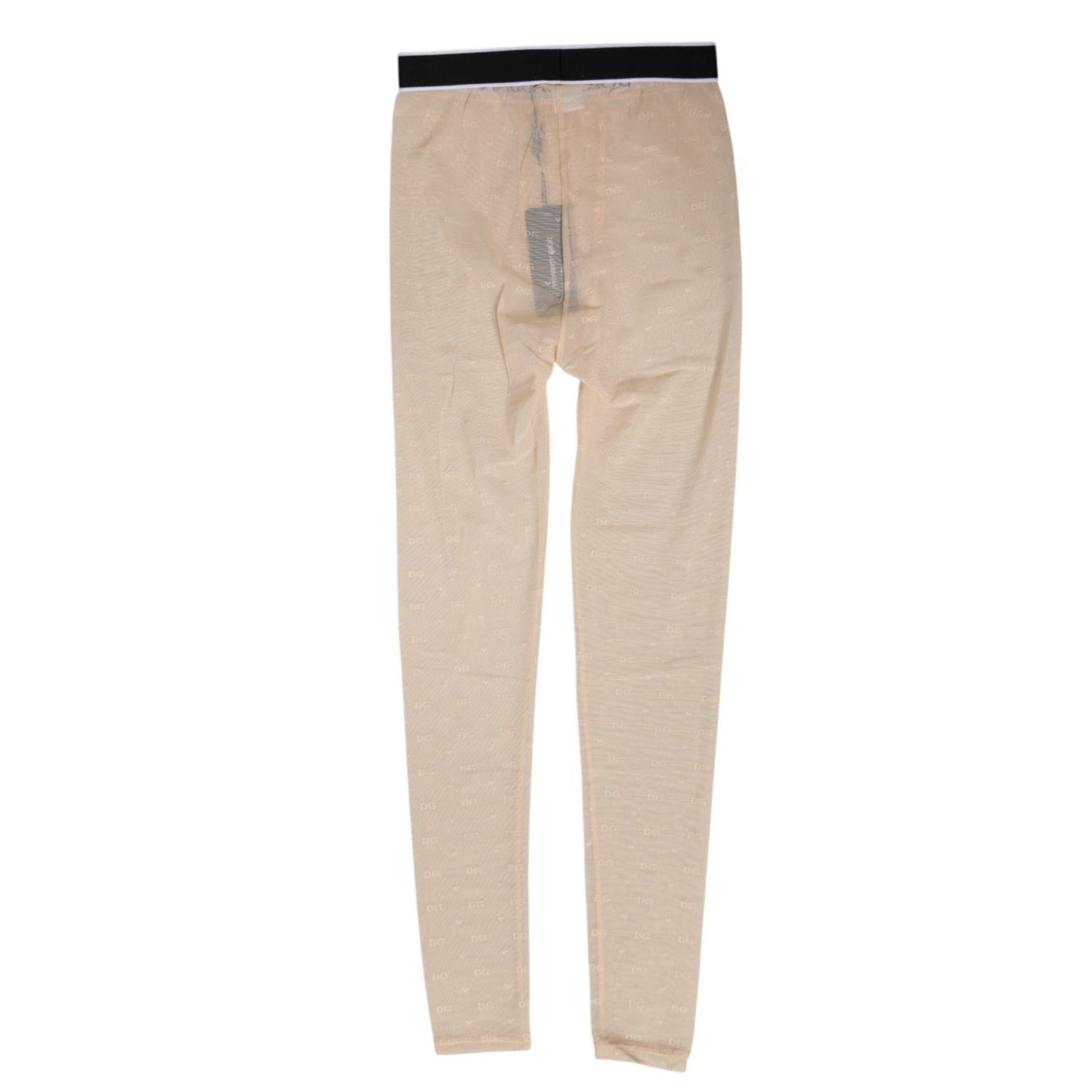 Dolce & Gabbana Beige Nylon Logo Lace Leggings Pants Underwear with lace pattern and DG logo waistband.
