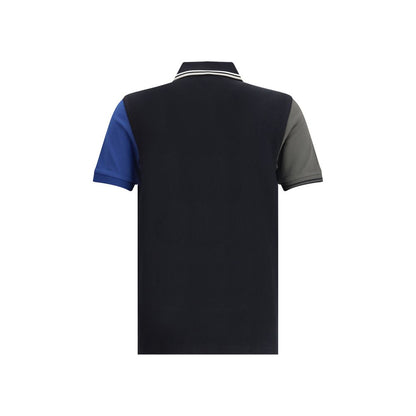 Comme Des Garçons Black Cotton Polo Shirt with blue and green sleeves, showcasing contemporary design and high-quality fabric.