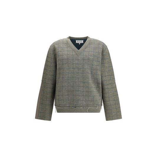 Alt Tag: Margiela Green Fleece Wool Sweatshirt with grid pattern and V-neckline, essential winter piece for elegant contemporary looks.