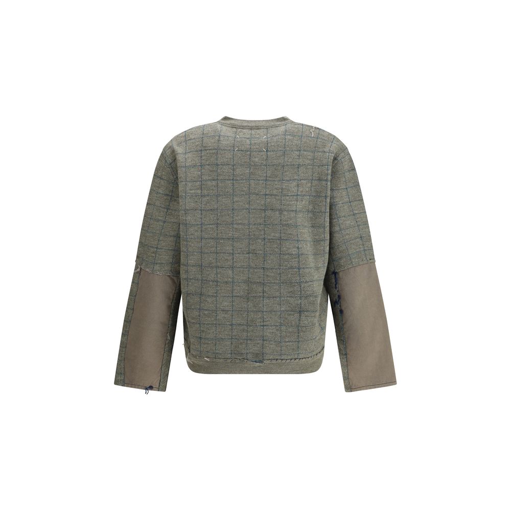 Back view of Margiela Green Fleece Wool Sweatshirt with grid pattern, winter essential, crafted from soft fleece wool. Season: AW25.